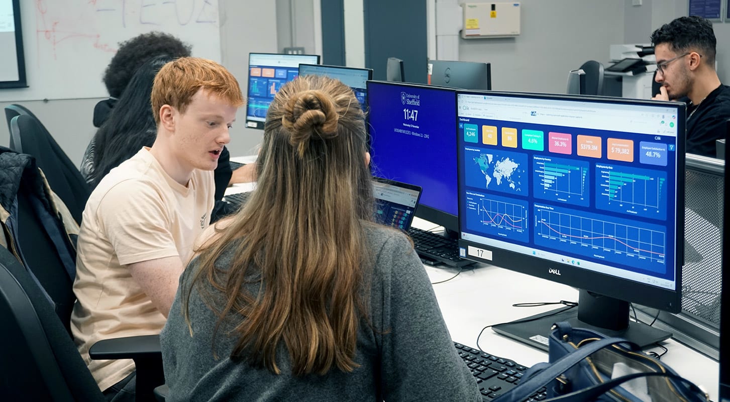 A group of students engaged in teamwork at computer stations in a well-equipped computer lab.
